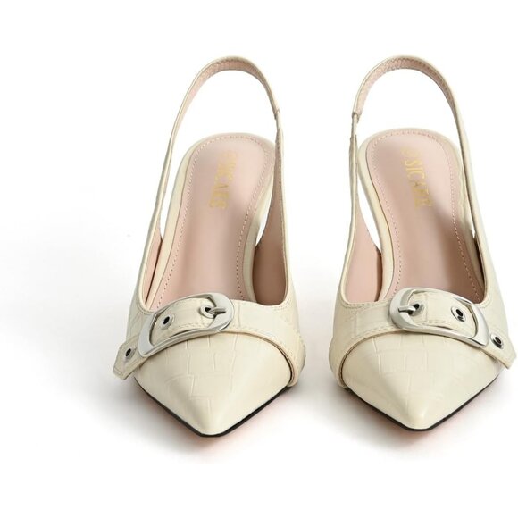 White Women Slingback Kitten Heels Pointed Toe Pumps Shoes with Buckle Strap - Picture 8 of 13